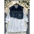 Korean style fashionable versatile white long sleeved shirt+design sense nail bead irregular tassel denim vest two-piece set