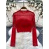 European and American women's sexy thin style see through versatile long sleeved mesh T-shirt, heavy-duty hot stamping short style exposed navel bottom shirt