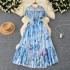 French style tea break retro round neck ruffle edge patchwork dress for women with a cinched waist, slimming effect. Floral chiffon knee length skirt