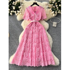 Xiaoxiangfeng dress, women's French high-end feeling, sweet doll collar, short sleeved waist cinching, slimming and long lace dress