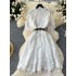 French retro elegant dress for female heavy workers with hollowed out embroidery lace round neck short sleeved waist slimming A-line dress