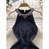 French retro black dress women's summer socialite heavy industry diamond studded tassel hanging neck sleeveless waist slimming dress