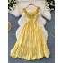 Sweet and gentle fairy dress 2024 new one shoulder wooden ear cinched waist slimming A-line ruffled edge dress