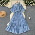 Summer women's new French retro elegant design with lace up round neck flared sleeves, cinched waist for slimming chiffon dress