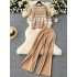 Lazy style two-piece women's Korean version fashionable casual polo collar short sleeved striped knit shirt+versatile wide leg pants