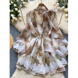 European and American women's dress 2024 new high-end butterfly tie V-neck lantern sleeve cinched waist slimming A-line skirt