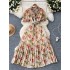 French retro mushroom border polo collar with bubble sleeves, cinched waist to show slimming temperament, floral chiffon pleated dress for summer wear