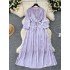 New Chinese style hollow out buckle round neck loose lace up dress with loose ties, showing a slimming temperament, slit jacquard satin long dress