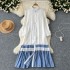 Lazy style simple dress for women with a slim and stylish design. Color blocked loose A-line mid length pleated shirt skirt