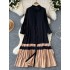 Lazy style simple dress for women with a slim and stylish design. Color blocked loose A-line mid length pleated shirt skirt