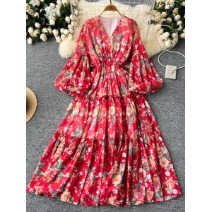 High waisted dress for women in early autumn, new French retro V-neck lantern sleeves, slimming temperament, ruffled floral long skirt