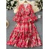 High waisted dress for women in early autumn, new French retro V-neck lantern sleeves, slimming temperament, ruffled floral long skirt