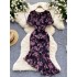 French romantic atmosphere floral dress, women's summer bubble sleeves, irregular design, niche light luxury fish tail long skirt