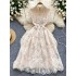 Summer style French retro elegant heavy industry lace embroidery lapel single breasted waist cinching slimming temperament dress