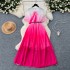 French high-end bow tie tied short sleeved waist cinched pleated dress for women to look slim and have a gradient color chiffon skirt