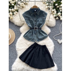 Korean style fashionable retro polo collar sleeveless single breasted waist cinched denim top for women, versatile puffy skirt set