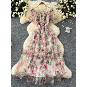 French high-end socialite mini dress with one shoulder, bubble sleeves, pleated waist, mesh, printed fluffy dress for women