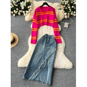 Korean style college style set, women's sweet and cool versatile short zipper lapel knit top+split denim skirt