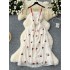 Korean Sweet Cherry Embroidered Strap Dress for Women's Summer Design, Strap up Waist, Mid length Vacation Skirt