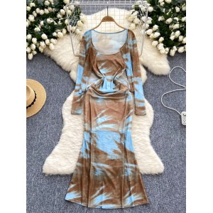 High cold imperial sister set with feminine temperament, waist cinching and slimming, tie dye suspender mesh dress+long sleeved sun protection shirt jacket