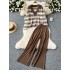 Autumn and winter new lazy style Korean version contrasting suit collar striped knitted sweater top two-piece set high waist wide leg pants