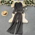 French retro vintage tassel set women's round neck knitted loose fit slimming sweater+high waist slimming wide leg pants