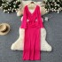 European and American sexy hollow out buckle deep V-neck flared long sleeved slim fit and slimming mid length knitted dress, hooded skirt