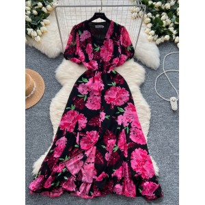 French retro dress with socialite temperament, V-neck, bubble sleeves, single breasted high waist, slimming effect, slit printed long skirt