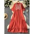 Retro artistic loose dress for women in summer, new heavy embroidery V-neck flared sleeves, slimming A-line large swing long dress