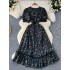 French retro printed dress with women's high-end lace V-neck and bubble sleeves, cinched waist for slimming and elegant long skirt