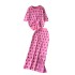 Ladies' high-end knitted suit with polka dot round neck short sleeved top and mid to long slit sweater skirt