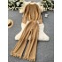 French retro vintage tassel set women's round neck knitted loose fit slimming sweater+high waist slimming wide leg pants