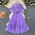 Summer women's new French retro elegant design with lace up round neck flared sleeves, cinched waist for slimming chiffon dress