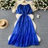 French gentle and elegant dress, women's heavy worker butterfly embroidery round neck bubble sleeve slimming waist cinching temperament long skirt