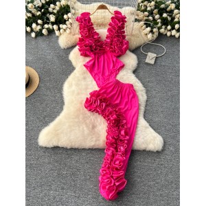 European and American style ins sexy deep V-neck heavy industry three-dimensional lace jumpsuit two-piece set for women slim fit irregular skirt