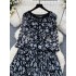 High end temperament dress for women in autumn, new French retro patchwork fake two-piece floral waist cinching slimming dress