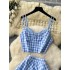 Sweet Forest style set for women's summer vacation, consisting of two spliced camisole tops and a high waist slimming plaid skirt