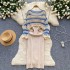 Gentle style set of women's Korean hollowed out striped long sleeved knitted top and camisole dress two-piece set