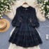 Long sleeved dress for women 2024 new French style design, niche V-neck lace single breasted fluffy short skirt