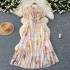 French style tea break retro round neck ruffle edge patchwork dress for women with a cinched waist, slimming effect. Floral chiffon knee length skirt