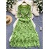 European and American style women's dress with high-end temperament and design sense. Lotus leaf edge splicing, round neck, pressed pleats, and hanging feeling. Long skirt