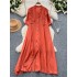 Design sense: ruffle edge splicing, V-neck, single breasted, slimming temperament dress, stylish, age reducing, loose French long skirt