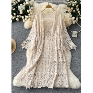 Lazy style versatile slimming hollow out hook flower knitted cardigan women's vacation style wearing shawl jacket long sun protection shirt