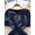 Black small dress, women's French high-end feeling, Hepburn style V-neck, bubble sleeves, waist cinching, slimming effect, wrapped buttocks satin dress