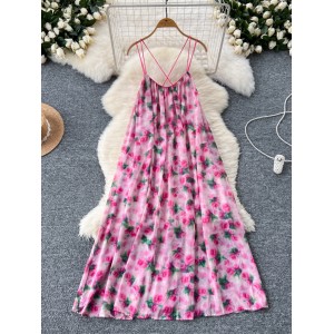 Beach vacation dress for women with a sense of atmosphere, summer new style pure desire, hanging neck suspender, floral floral backless beach long dress