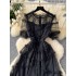 French elegant dress for women's summer heavy industry embroidery mesh three-dimensional lace waist slimming long dress