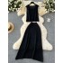 Korean style women's summer two-piece set, versatile sleeveless knitted vest top, high waist slimming, big swing skirt for women