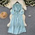 New Chinese style hollow out buckle round neck loose lace up dress with loose ties, showing a slimming temperament, slit jacquard satin long dress