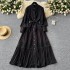 French high-end retro lace patchwork pearl single breasted dress with slim temperament and stand up collar lantern sleeves, large swing dress