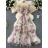 French high-end socialite mini dress with one shoulder, bubble sleeves, pleated waist, mesh, printed fluffy dress for women